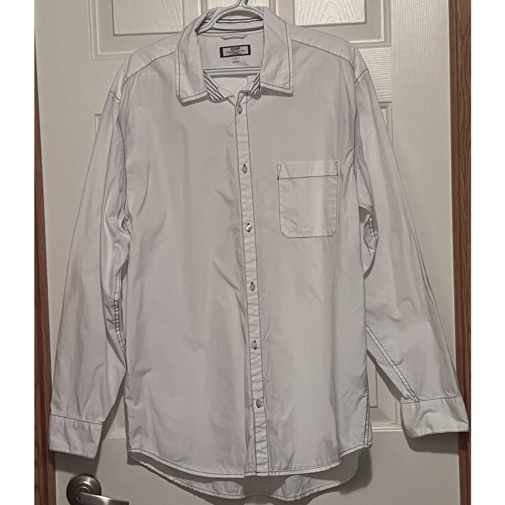 Old Navy Men's White Shirt Brown Threading Long Sleeve Button Front Size L‎